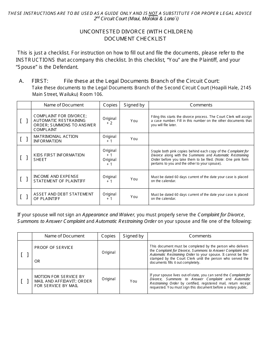 Form 2F-P-452 Uncontested Divorce (With Children) Document Checklist - Hawaii, Page 1