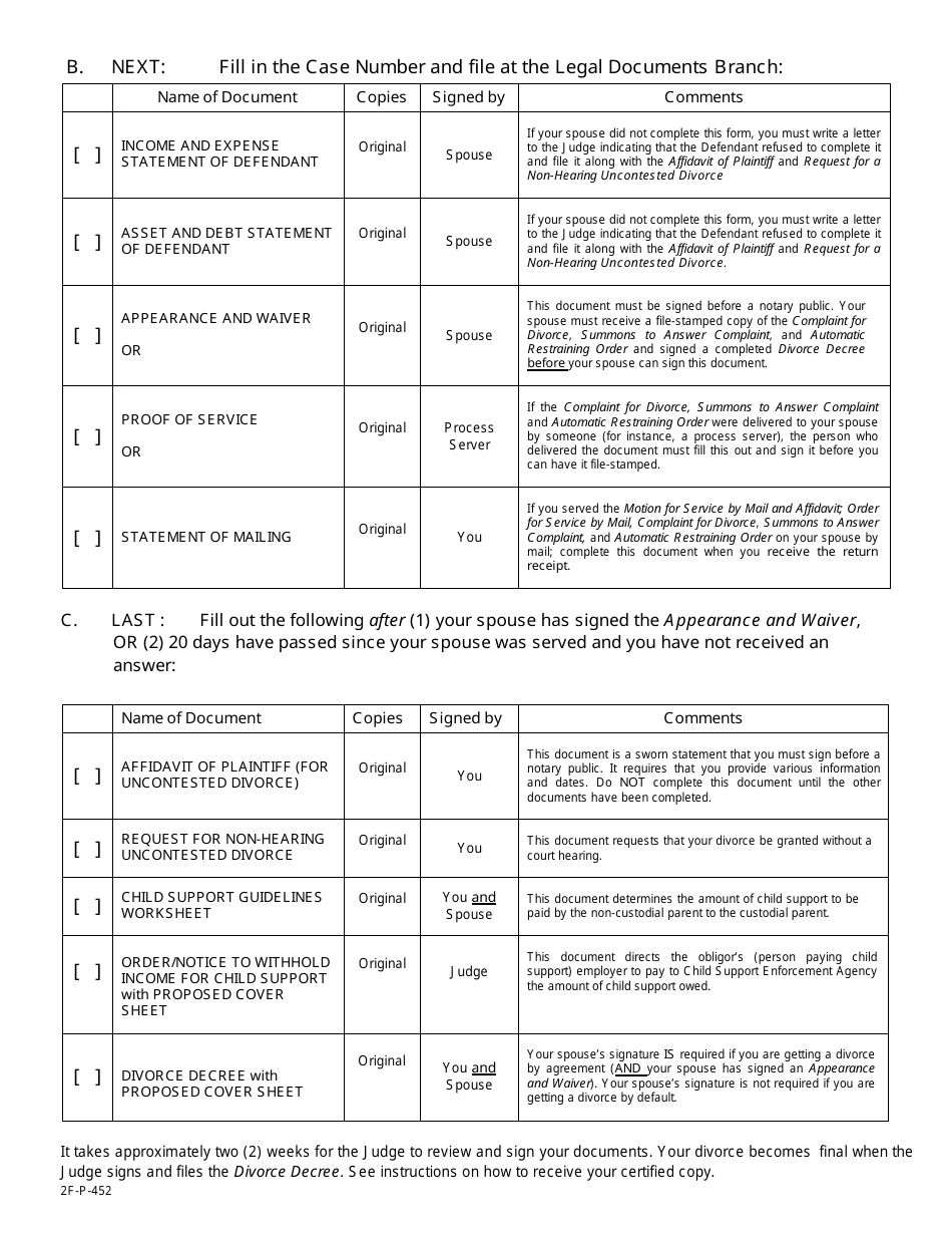 Form 2F-P-452 Uncontested Divorce (With Children) Document Checklist - Hawaii, Page 2