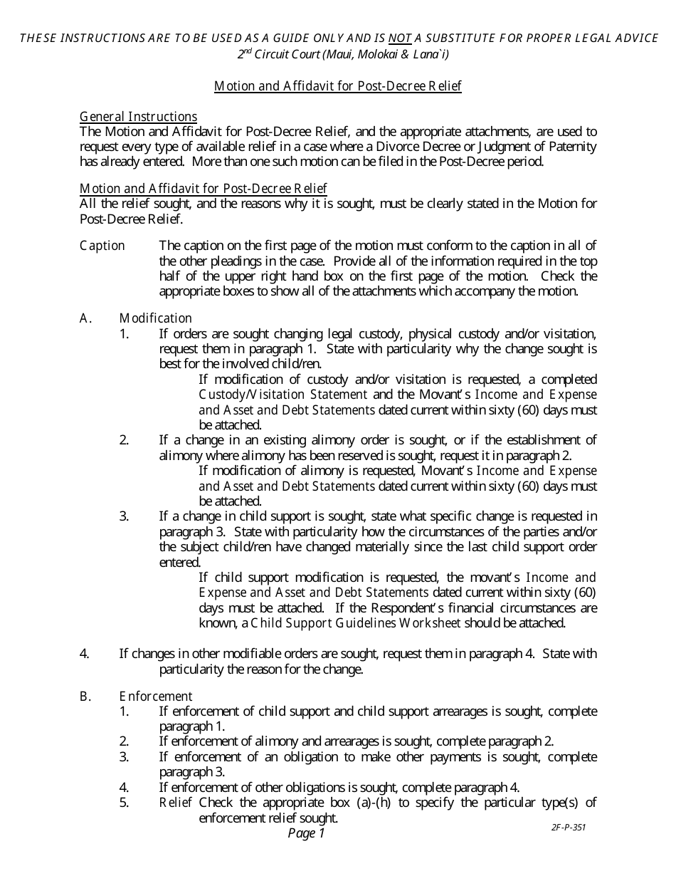 Download Instructions for Form 2F-P-336 Motion and Affidavit for Post ...