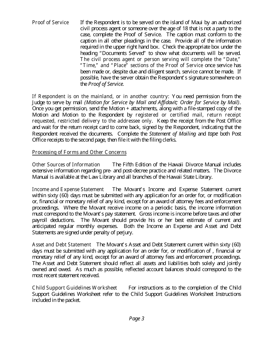 Instructions for Form 2F-P-336 Motion and Affidavit for Post-decree Relief; Scheduling Order for Post-decree Relief - Hawaii, Page 3