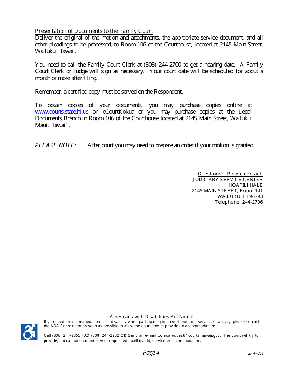 Instructions for Form 2F-P-336 Motion and Affidavit for Post-decree Relief; Scheduling Order for Post-decree Relief - Hawaii, Page 4