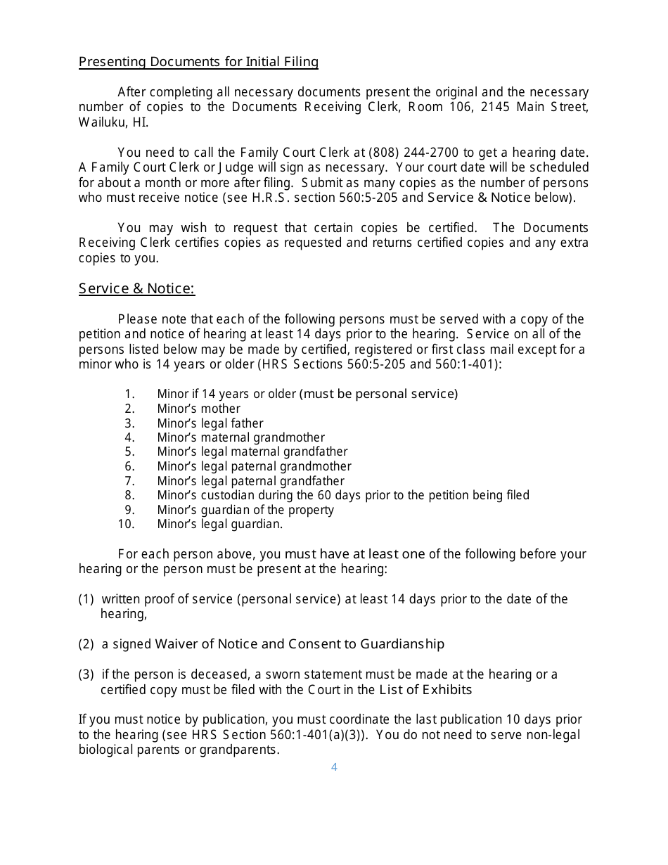 Instructions for Form 2F-P-385 Petition for Appointment of a Guardian of the Person of a Minor; Notice of Hearing - Hawaii, Page 4