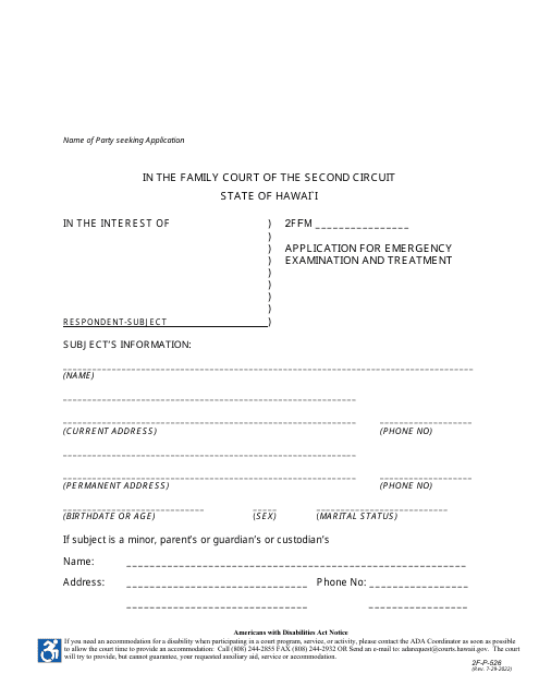 Form 2F-P-526 Application for Emergency Examination and Treatment - Hawaii