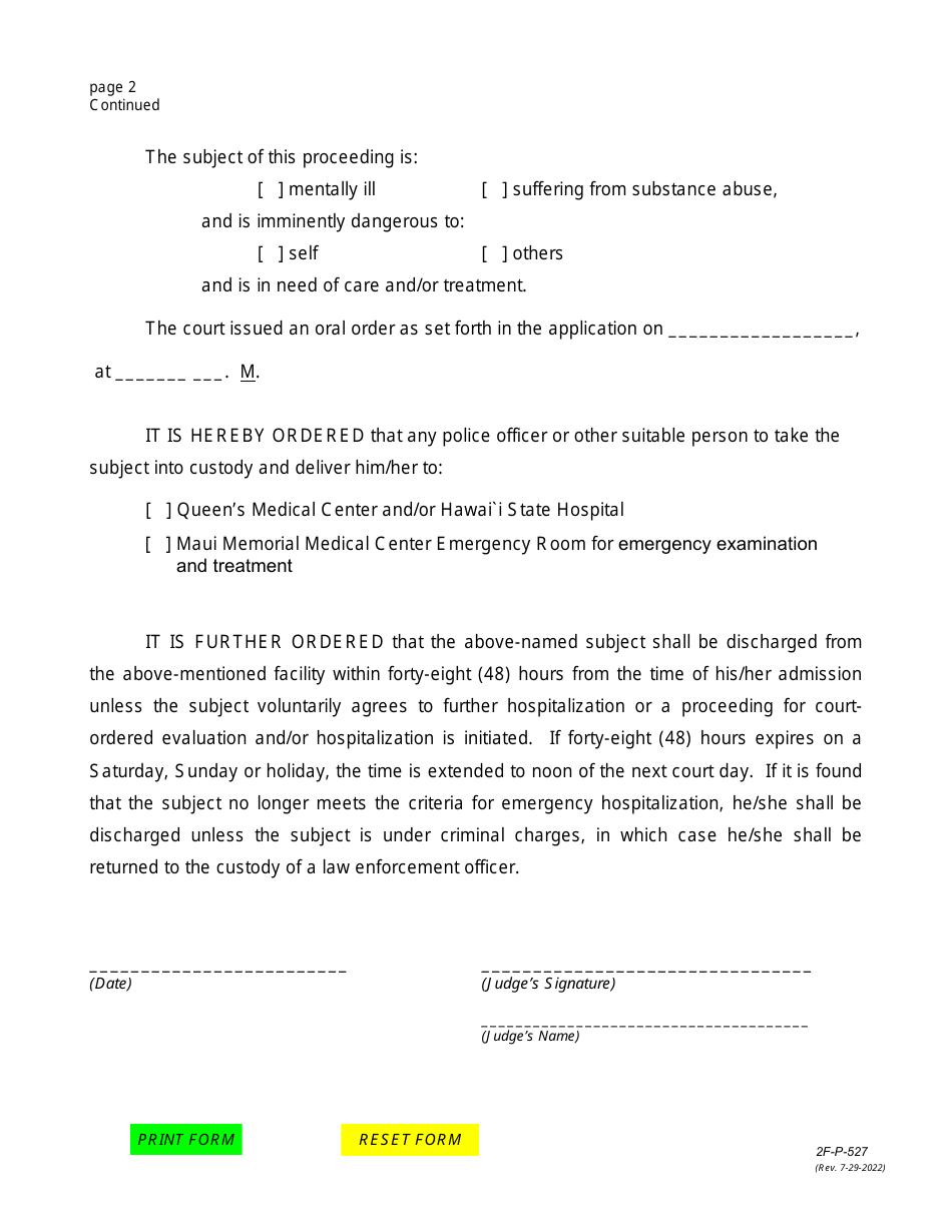 Form 2F-P-527 Order Authorizing Emergency Examination and Treatment - Hawaii, Page 2