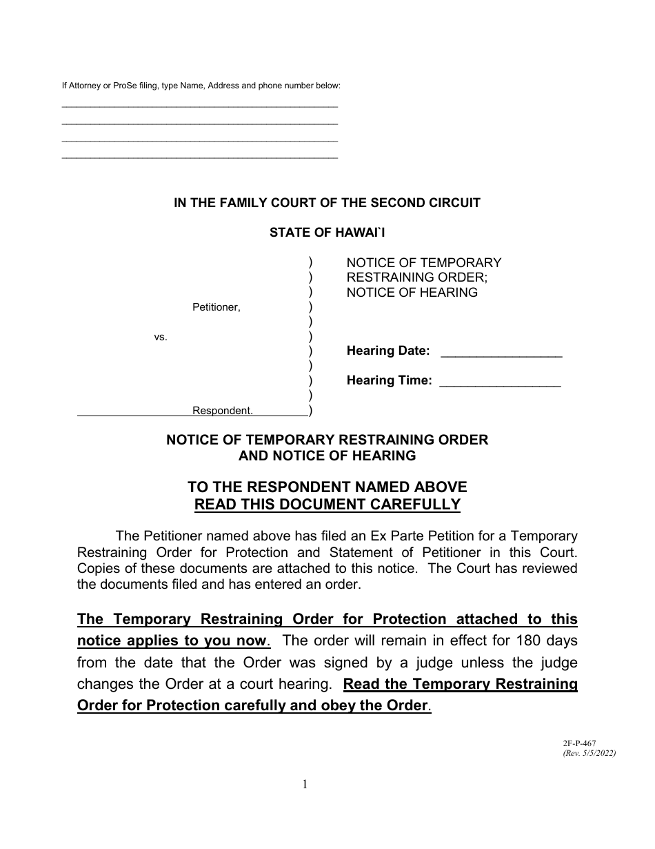 Form 2F-P-467 Notice of Temporary Restraining Order and Notice of Hearing - Hawaii, Page 1