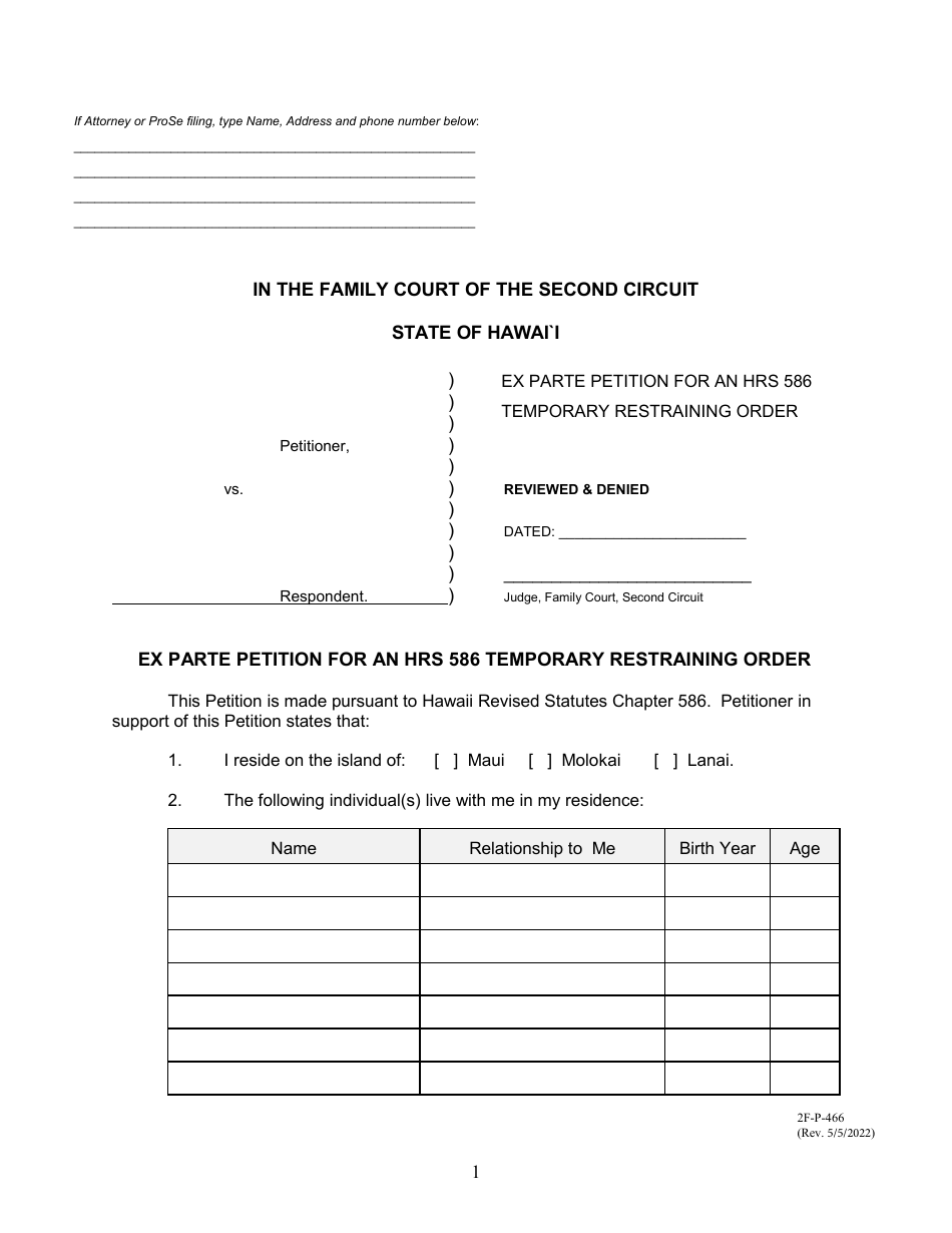 Form 2F-P-466 Ex Parte Petition for an Hrs 586 Temporary Restraining Order - Hawaii, Page 1