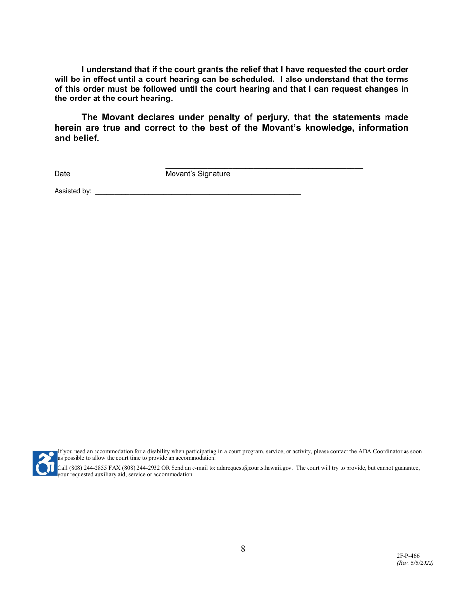 Form 2F-P-466 Ex Parte Petition for an Hrs 586 Temporary Restraining Order - Hawaii, Page 8