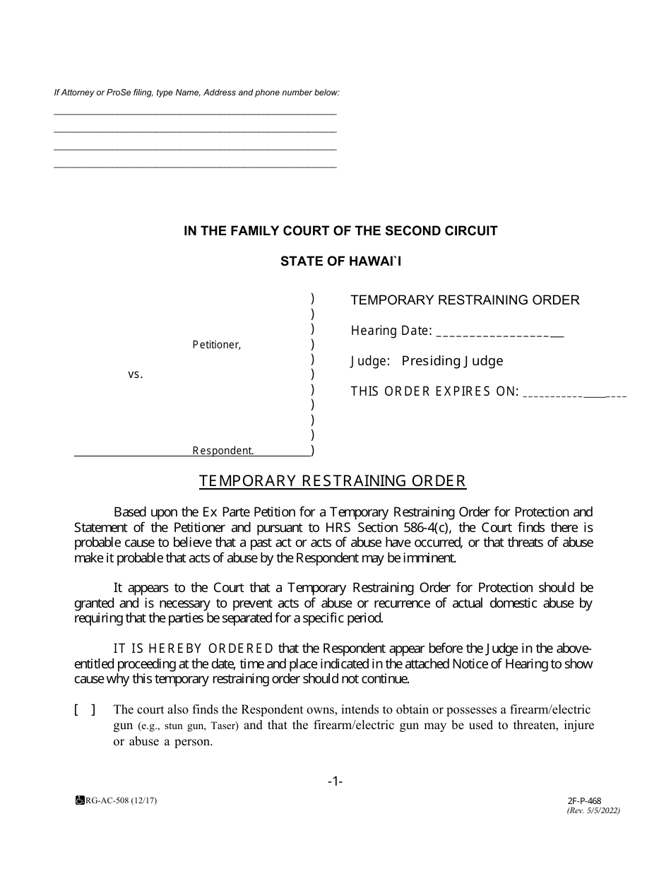 Form 2F-P-468 Temporary Restraining Order - Hawaii, Page 1