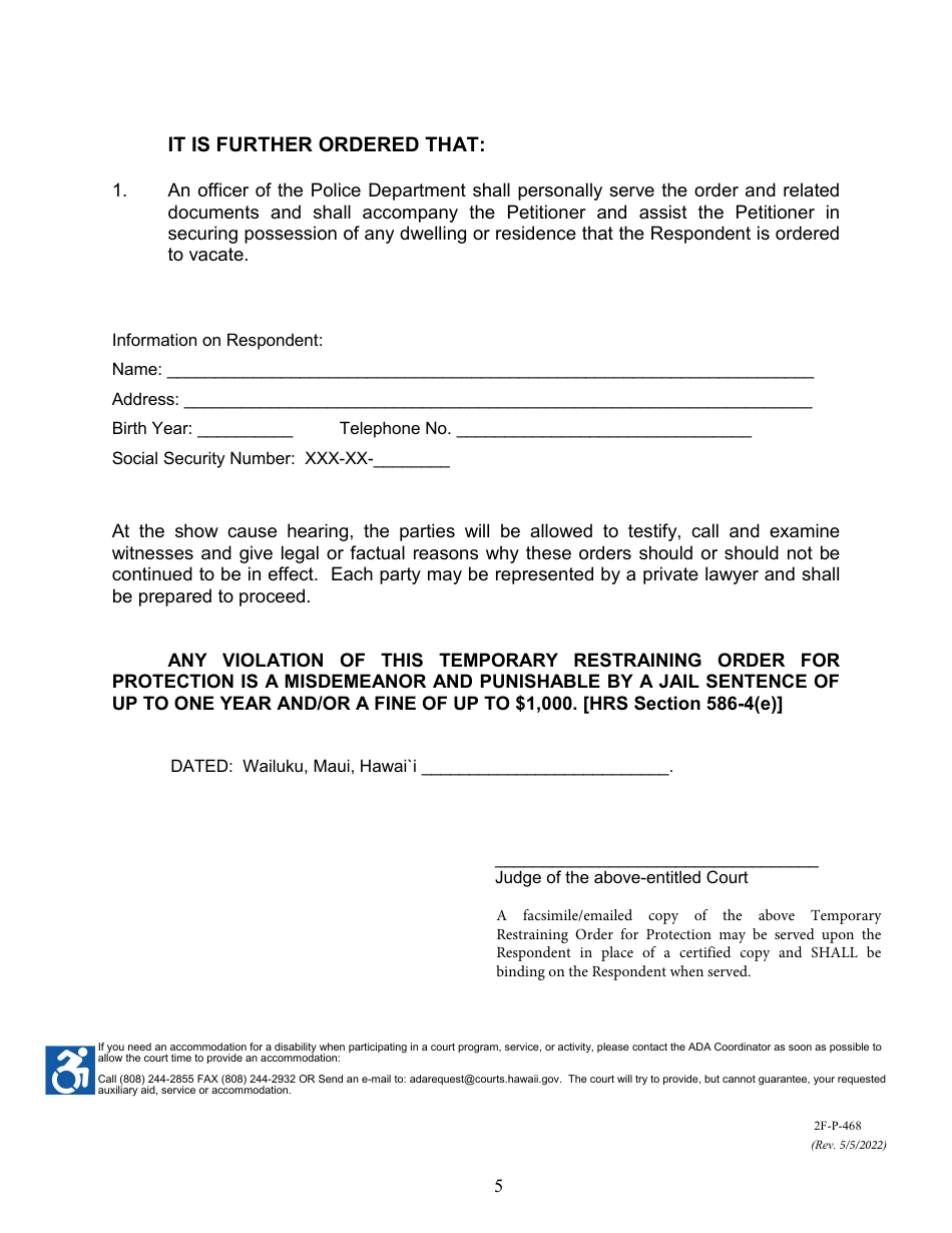 Form 2F-P-468 Temporary Restraining Order - Hawaii, Page 5