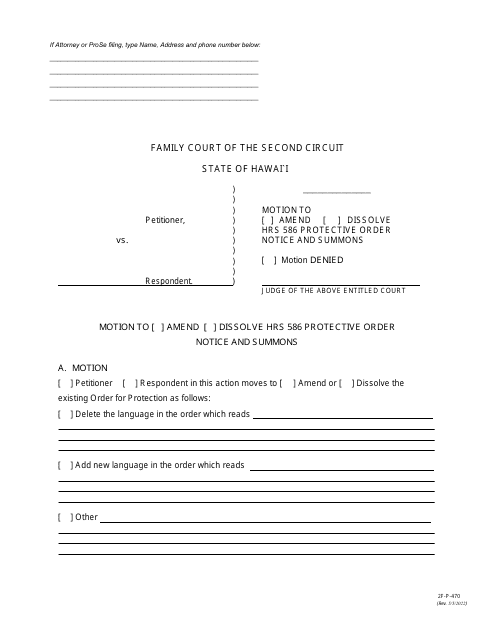 Form 2F-P-470 Motion to Amend/Dissolve Hrs 586 Protective Order Notice and Summons - Hawaii