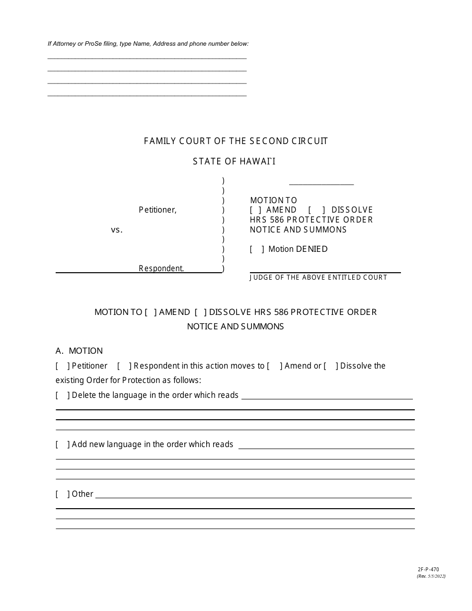 Form 2F-P-470 Motion to Amend / Dissolve Hrs 586 Protective Order Notice and Summons - Hawaii, Page 1