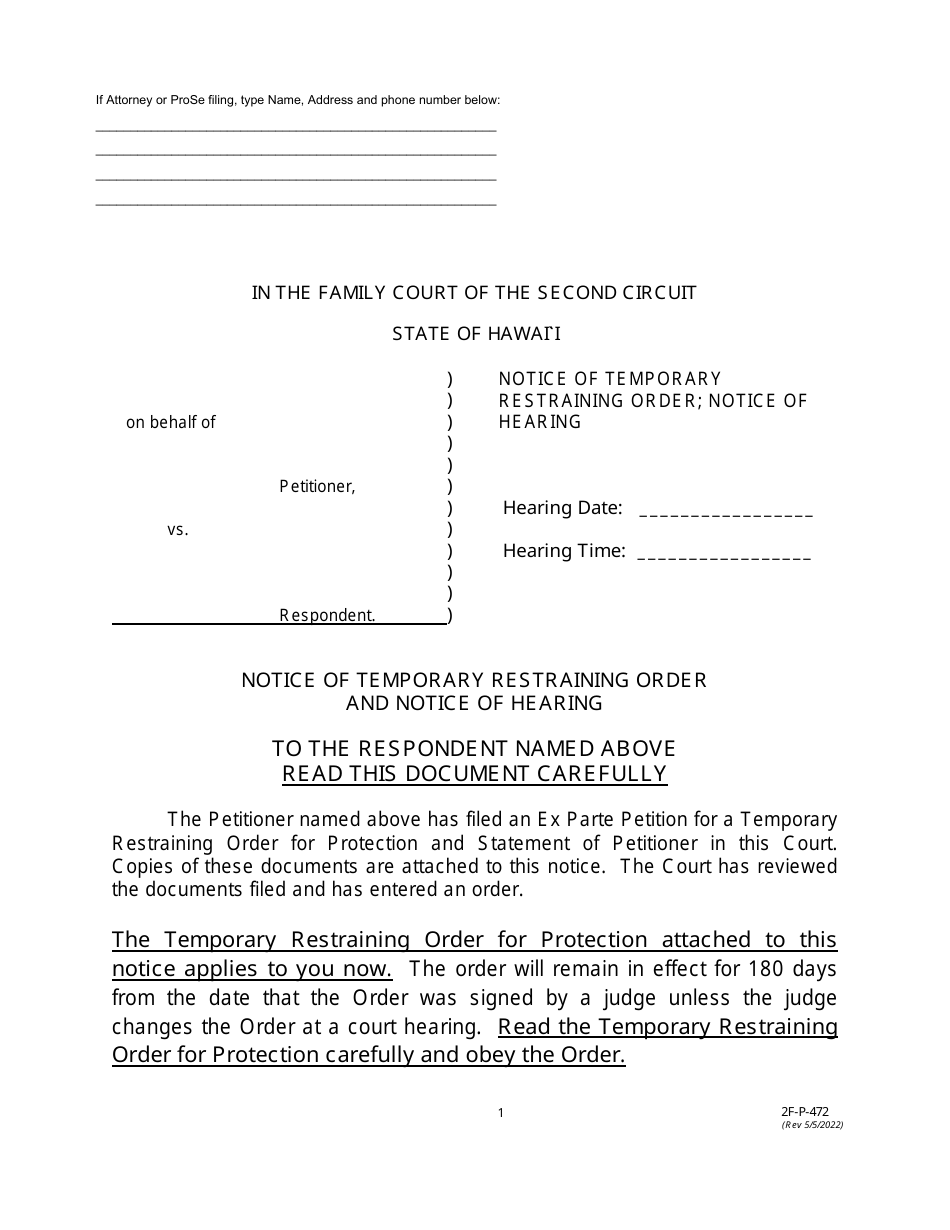 Form 2F-P-472 Notice of Temporary Restraining Order and Notice of Hearing - Hawaii, Page 1