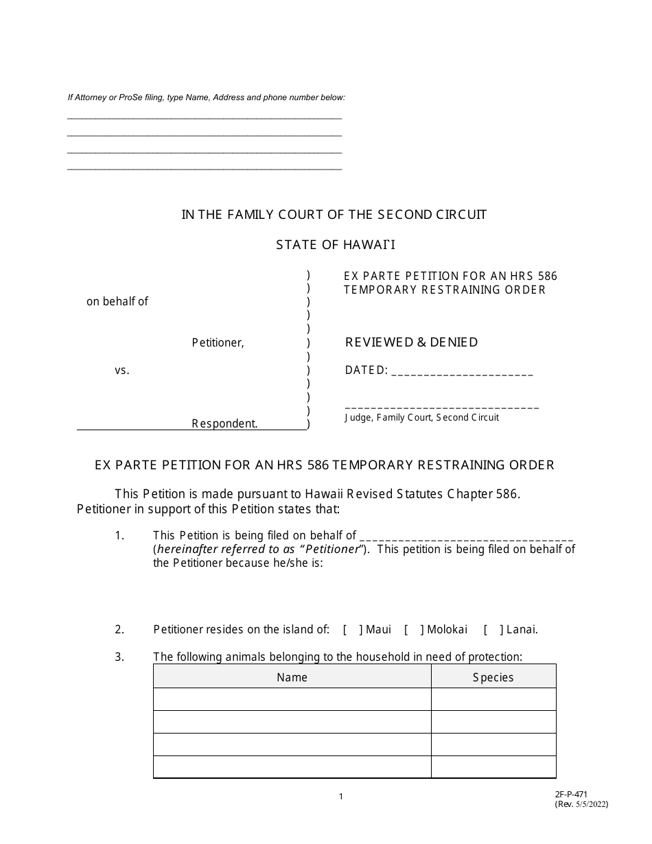 Form 2F-P-471 Ex Parte Petition for an Hrs 586 Temporary Restraining Order - Hawaii, Page 1