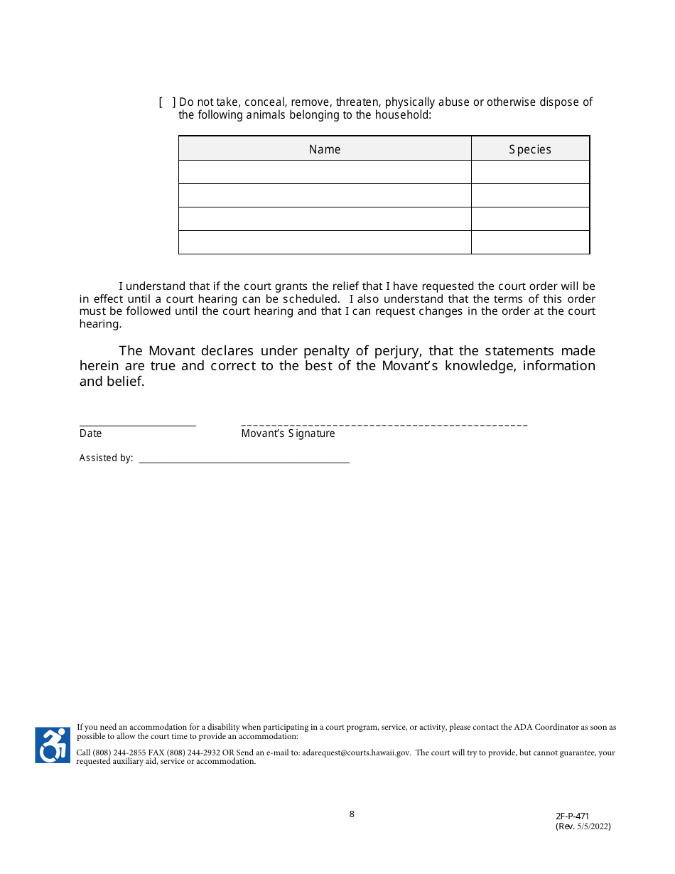 Form 2F-P-471 Ex Parte Petition for an Hrs 586 Temporary Restraining Order - Hawaii, Page 8