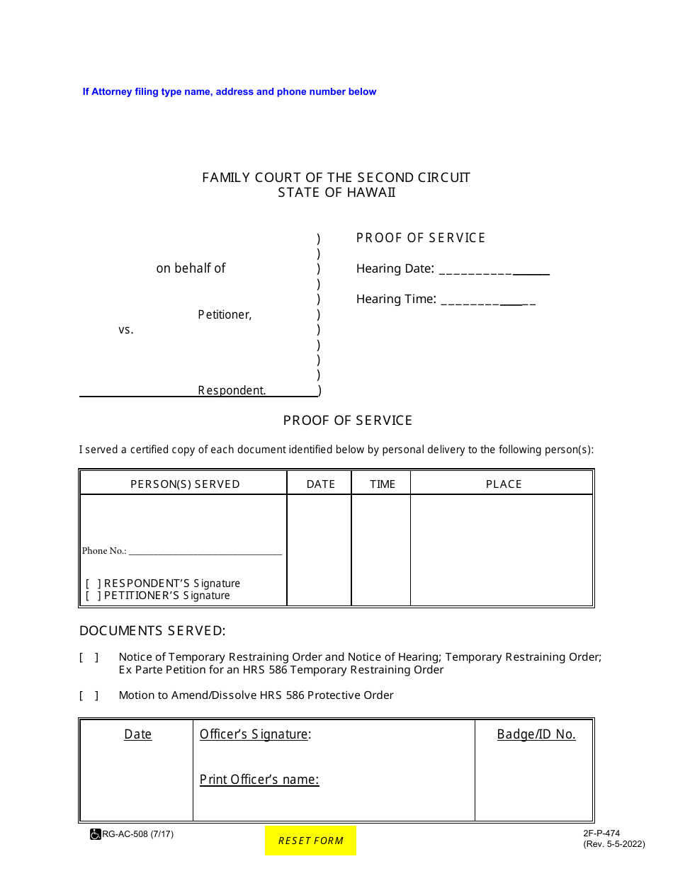 Form 2F-P-474 Proof of Service - Hawaii, Page 1