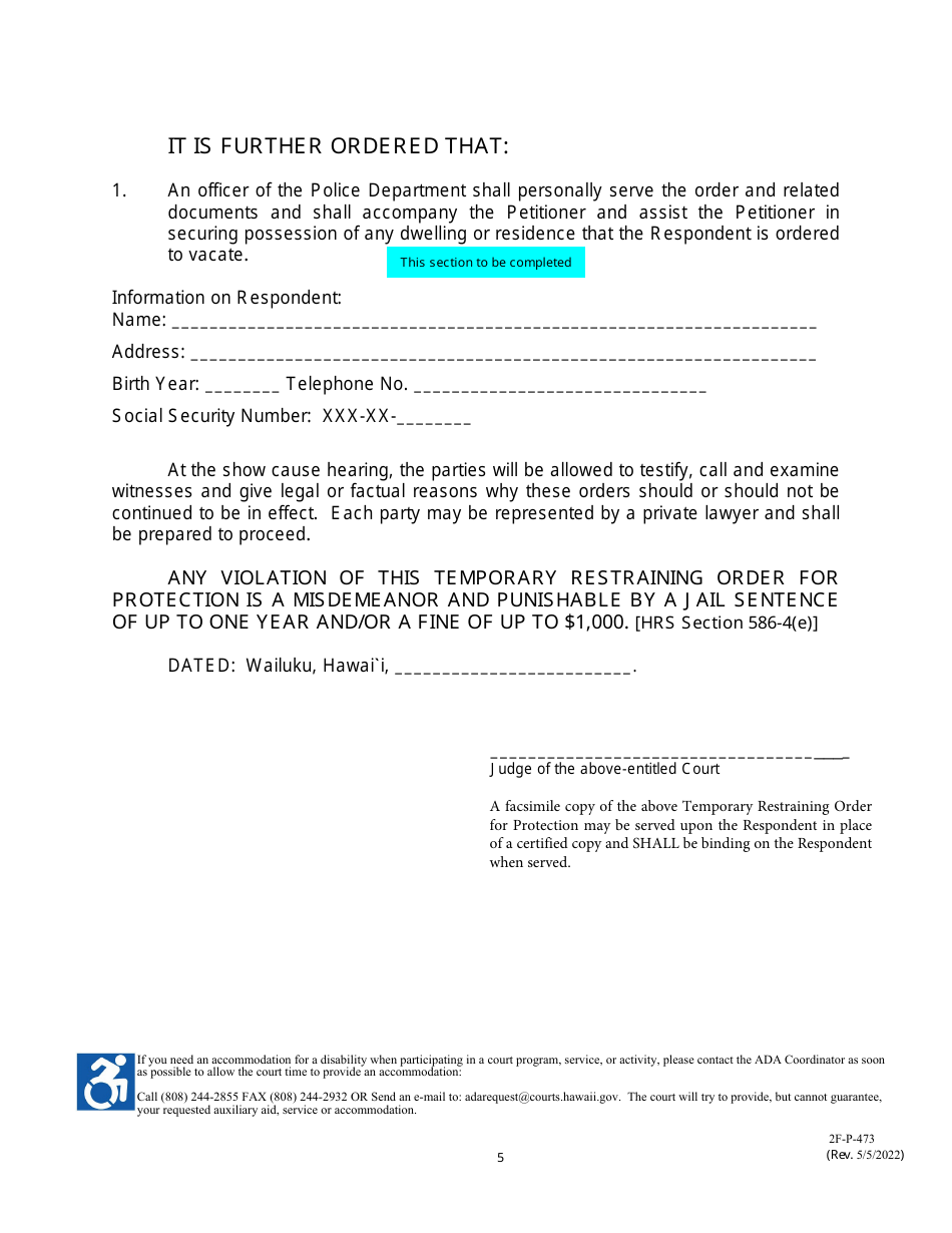 Form 2F-P-473 Temporary Restraining Order - Hawaii, Page 5