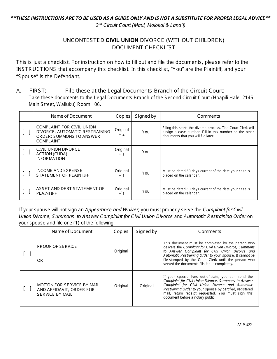 Form 2F-P-422 Uncontested Civil Union Divorce (Without Children) Document Checklist - Hawaii, Page 1