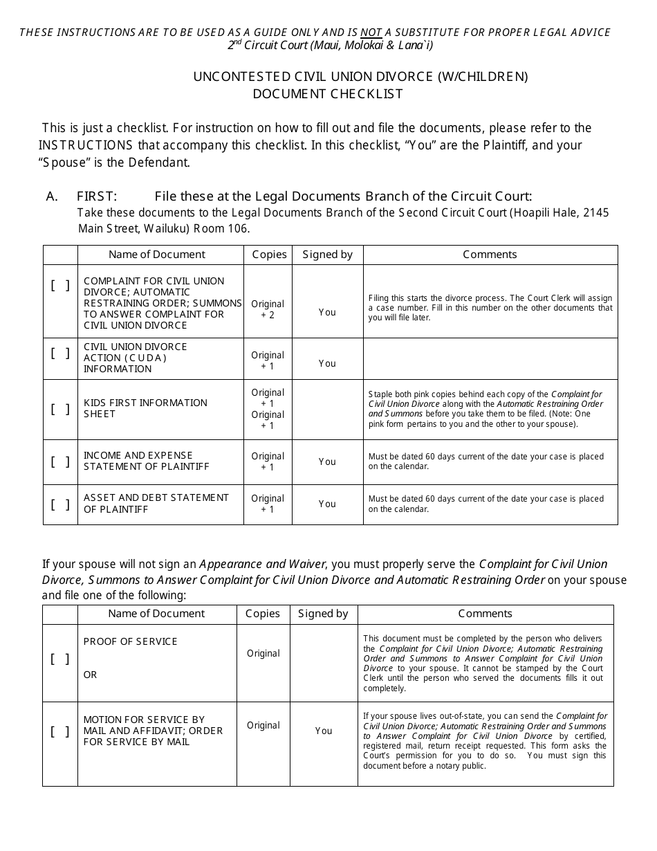 Form 2F-P-404 Uncontested Civil Union Divorce (With Children) Document Checklist - Hawaii, Page 1