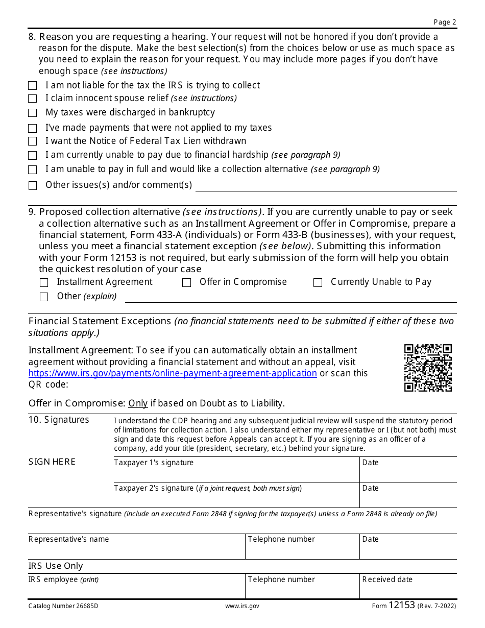 IRS Form 12153 Request for a Collection Due Process or Equivalent Hearing, Page 2