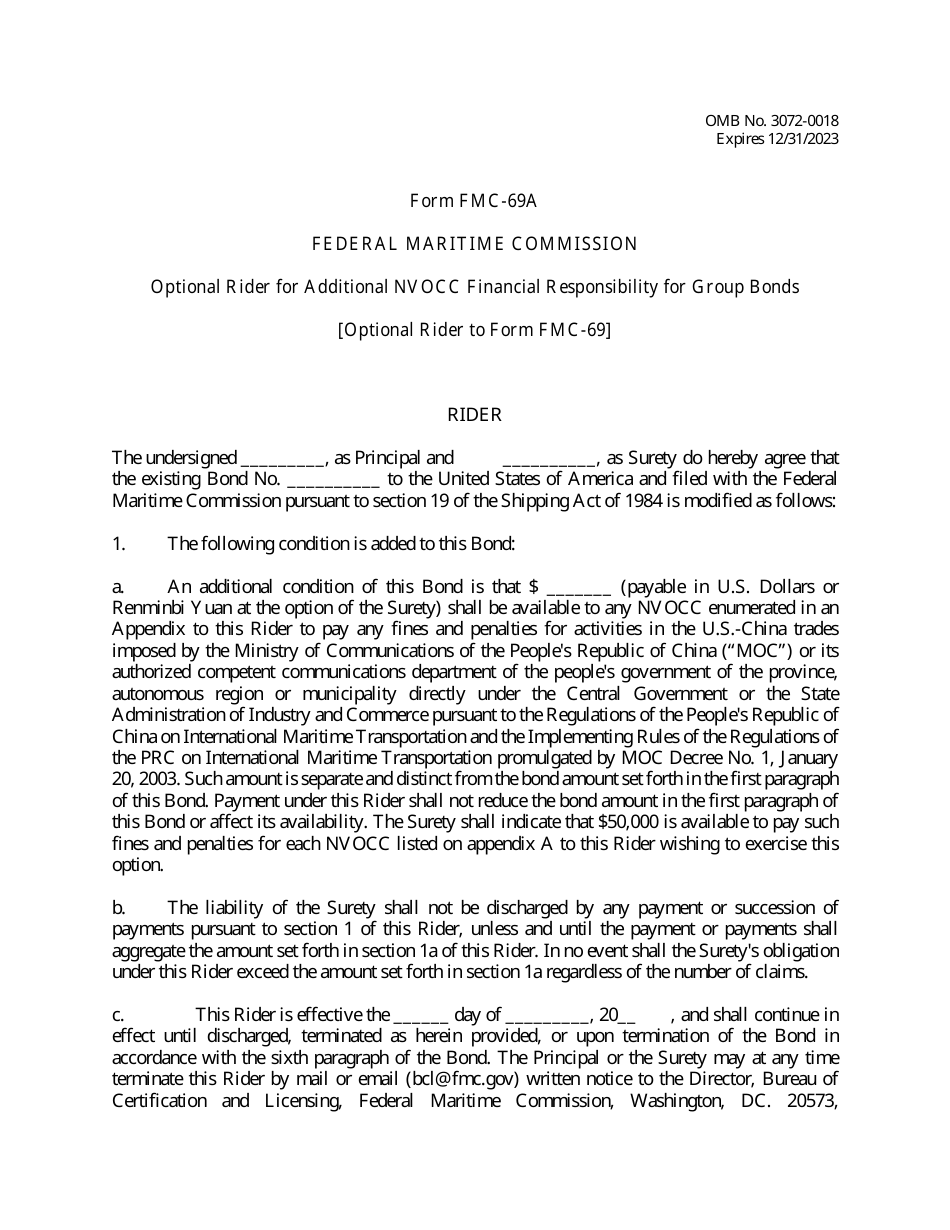 Form FMC-69A - Fill Out, Sign Online and Download Printable PDF ...