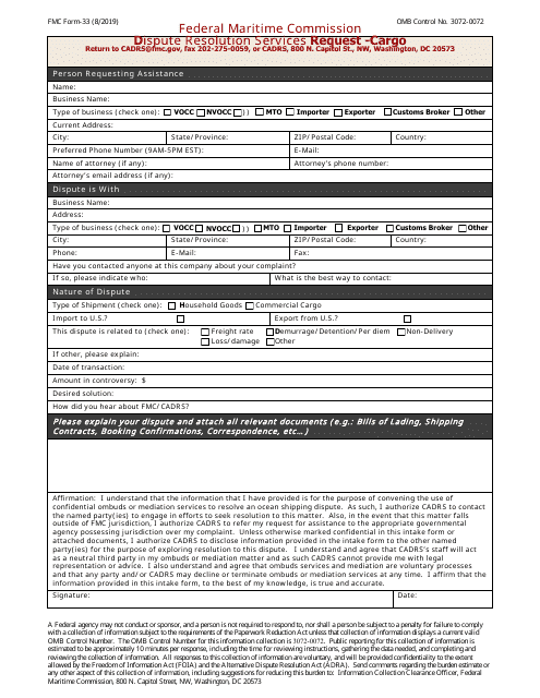 Form FMC-33 Dispute Resolution Services Request - Cargo