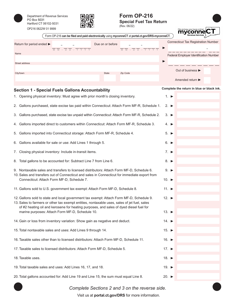 Form OP-216 Special Fuel Tax Return - Connecticut, Page 1