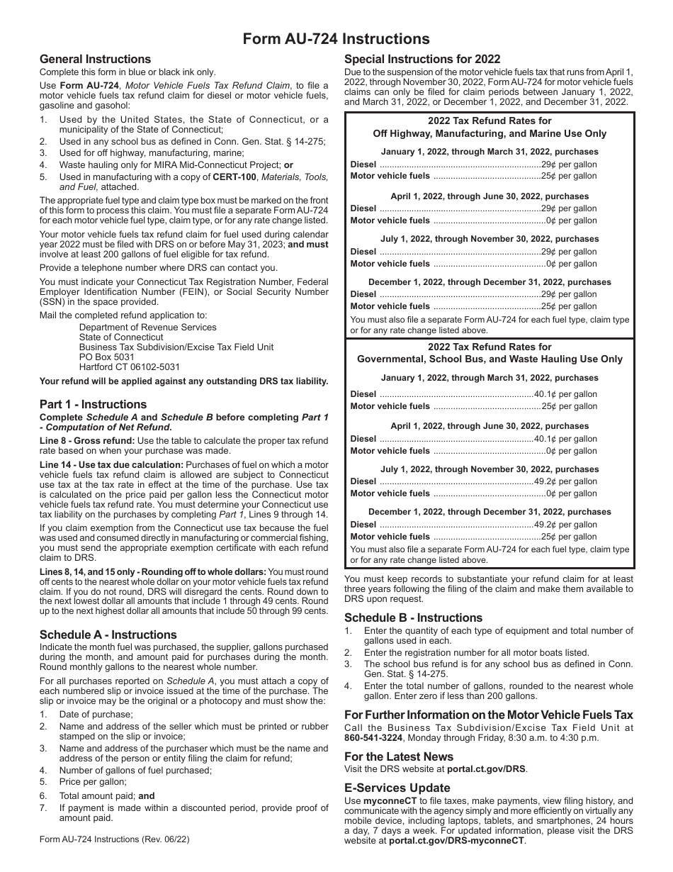 Form AU-724 Motor Vehicle Fuels Tax Refund Claim - off Highway, Manufacturing, Marine, Governmental, School Bus, and Waste Hauling Use - Connecticut, Page 3