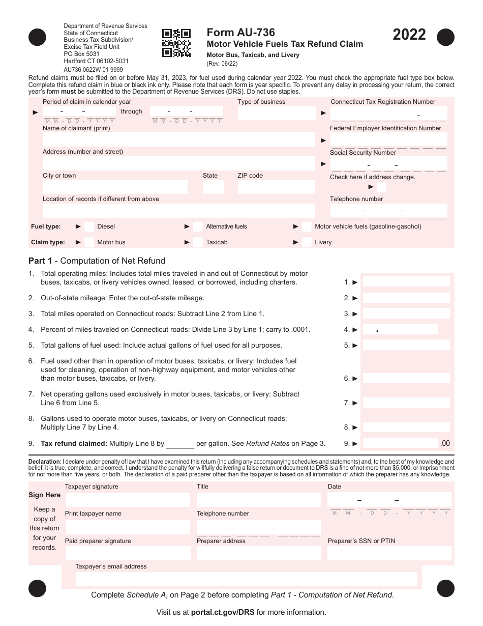 Form AU-736 Motor Vehicle Fuels Tax Refund Claim - Motor Bus, Taxicab, and Livery - Connecticut, Page 1
