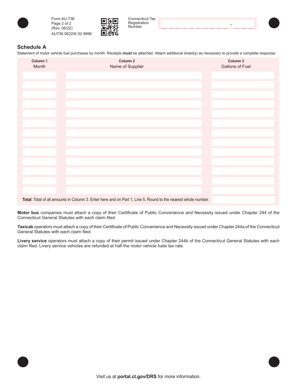 Form AU-736 Motor Vehicle Fuels Tax Refund Claim - Motor Bus, Taxicab, and Livery - Connecticut, Page 2