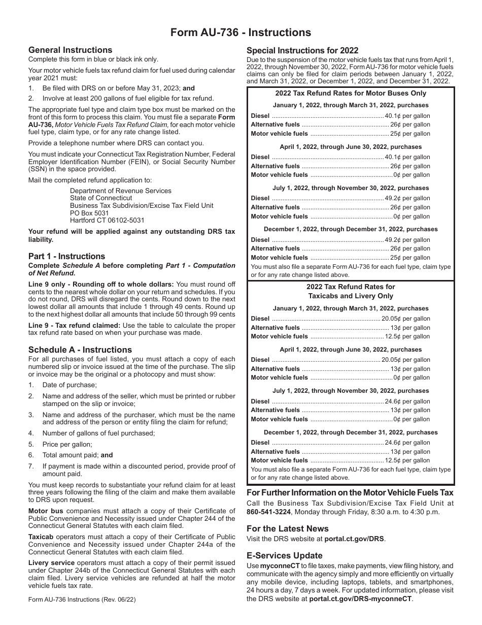 Form AU-736 Motor Vehicle Fuels Tax Refund Claim - Motor Bus, Taxicab, and Livery - Connecticut, Page 3