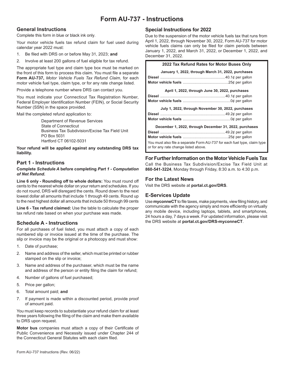Form AU-737 Motor Vehicle Fuels Tax Refund Claim - Airport Service Motor Bus - Connecticut, Page 3