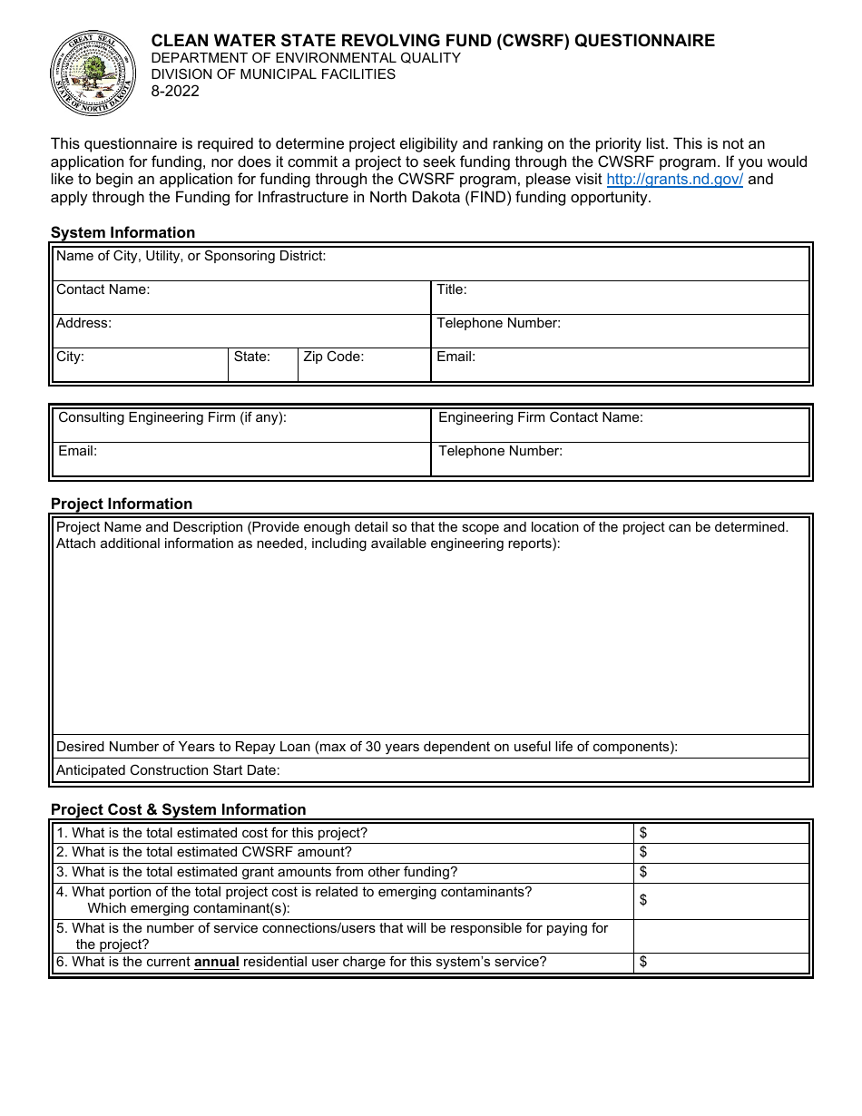 Clean Water State Revolving Fund (Cwsrf) Questionnaire - North Dakota, Page 1