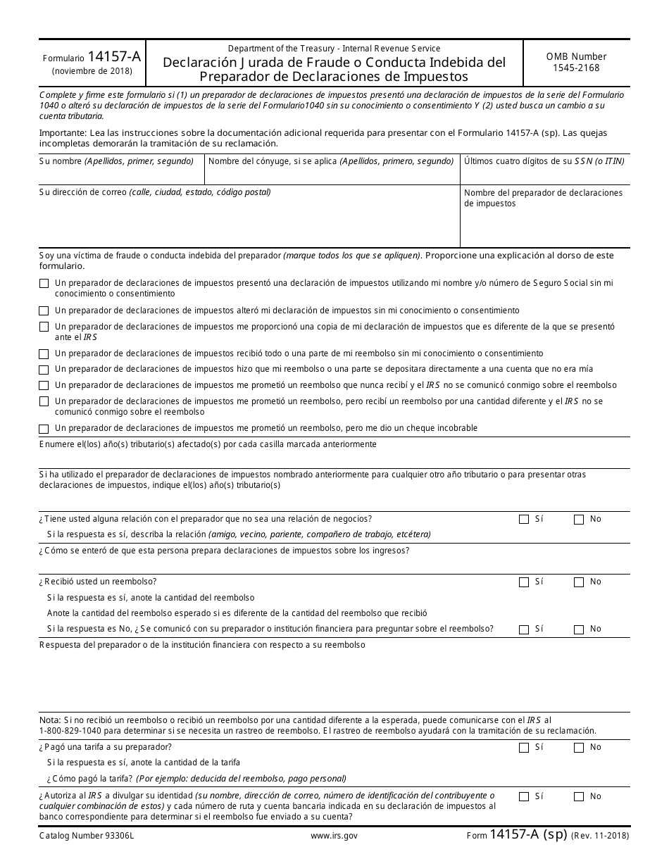 IRS Formulario 14157-A (SP) Declaracion Jurada De Fraude O Conducta Indebida Del Preparador De Declaraciones De Impuestos (Spanish), Page 1