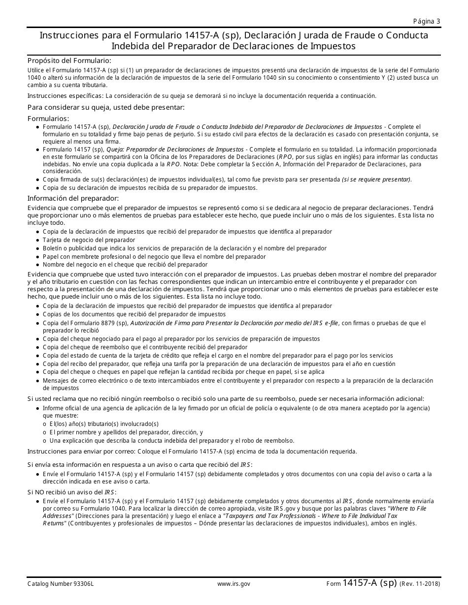 IRS Formulario 14157-A (SP) Declaracion Jurada De Fraude O Conducta Indebida Del Preparador De Declaraciones De Impuestos (Spanish), Page 3