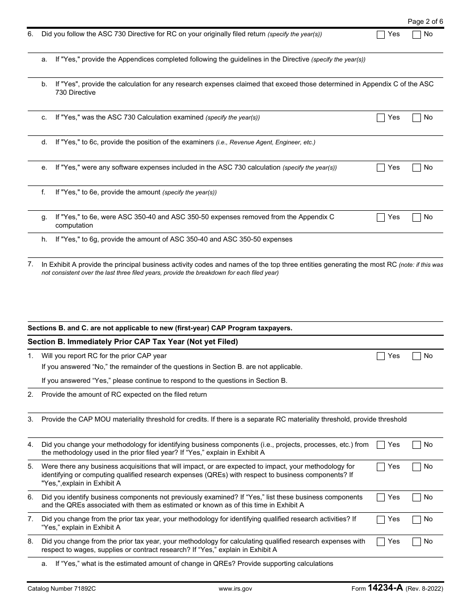 IRS Form 14234-A Compliance Assurance Process (CAP) Research Credit Questionnaire (Crcq), Page 2