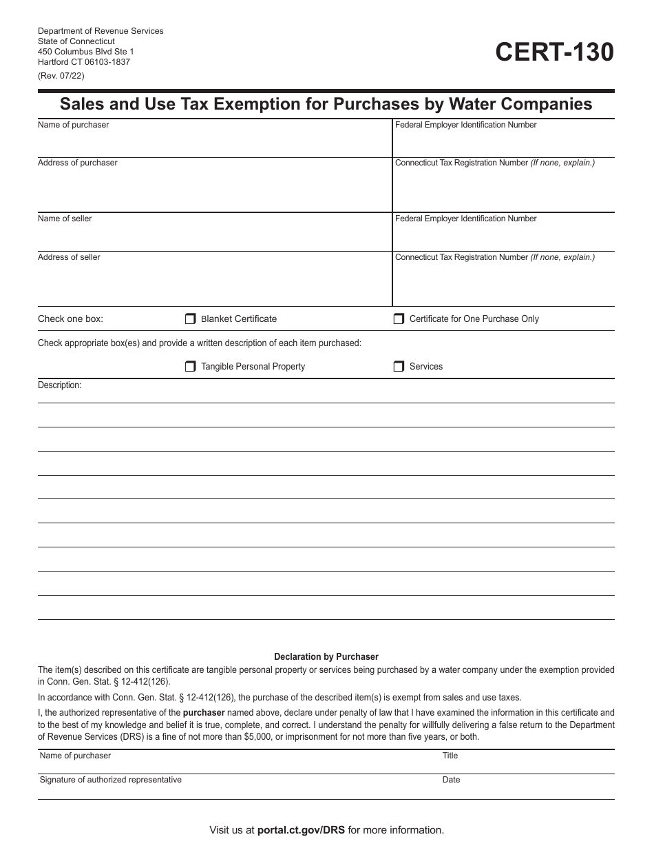 Form CERT-130 Sales and Use Tax Exemption for Purchases by Water Companies - Connecticut, Page 1