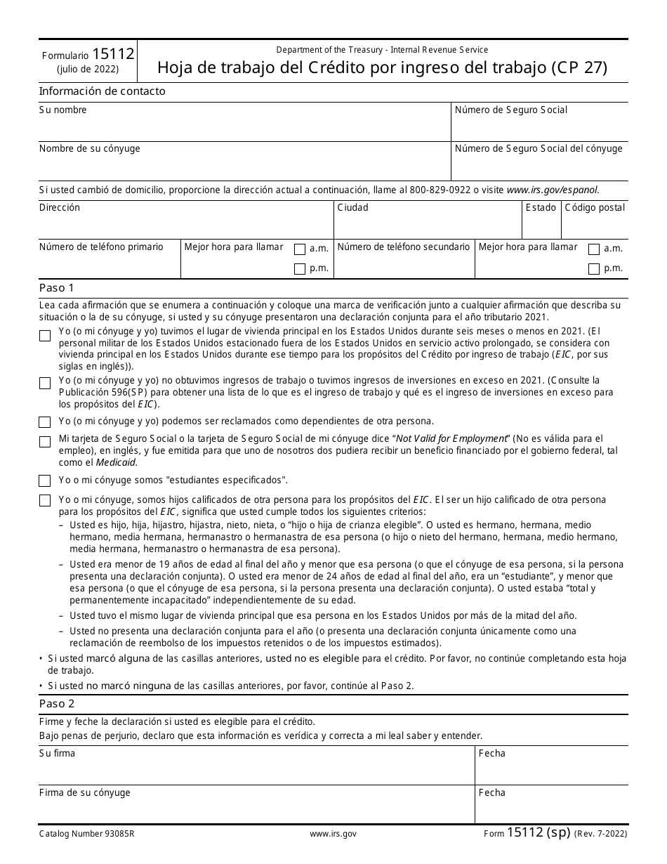 IRS Formulario 15112 Hoja De Trabajo Del Credito Por Ingreso Del Trabajo (Cp 27) (Spanish), Page 1