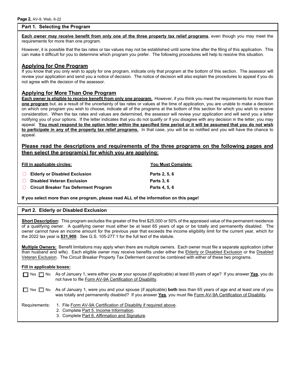 Form AV-9 Application for Property Tax Relief - North Carolina, Page 2