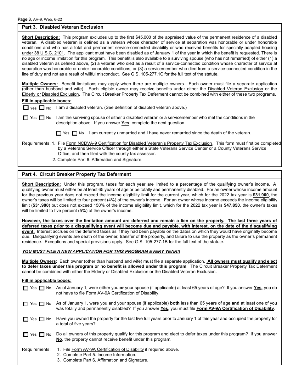 Form AV-9 Application for Property Tax Relief - North Carolina, Page 3