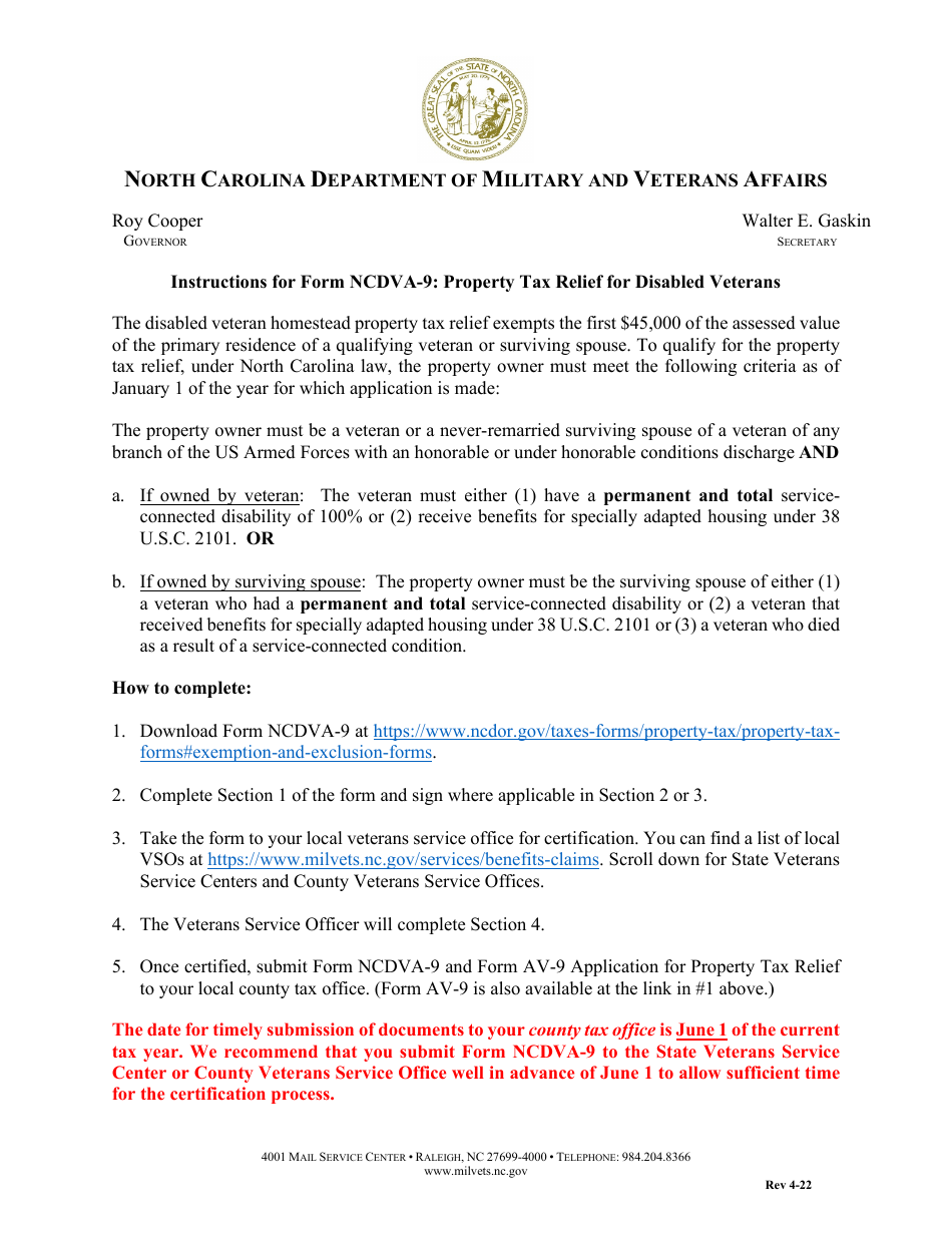 Form NCDVA-9 Certification for Disabled Veterans Property Tax Exclusion - North Carolina, Page 1