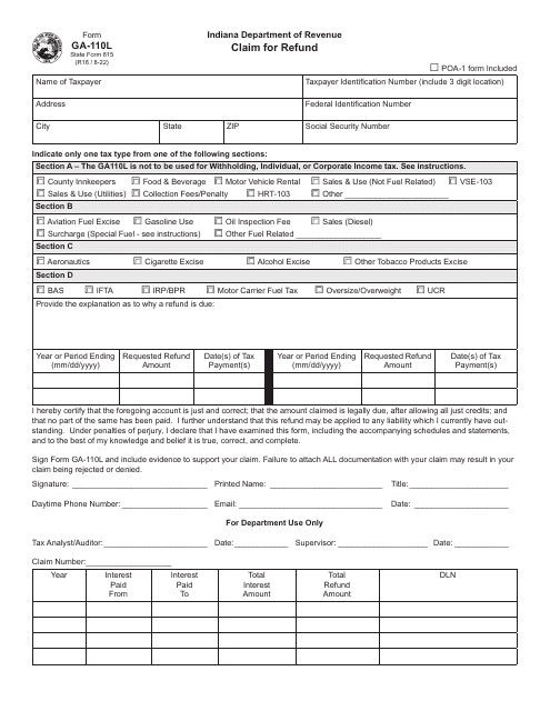 Form GA-110L (State Form 615) Claim for Refund - Indiana