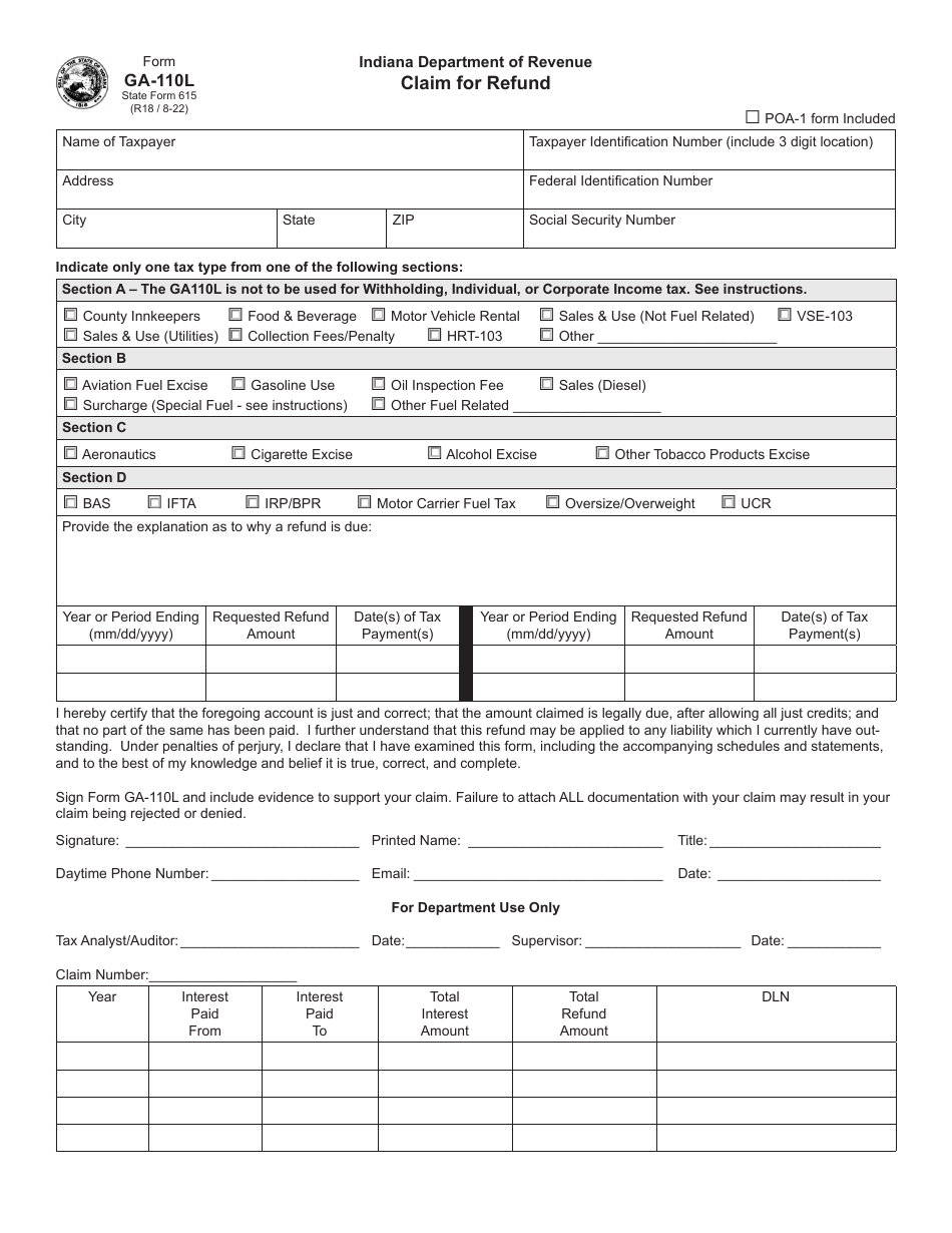 Form GA-110L (State Form 615) Claim for Refund - Indiana, Page 1