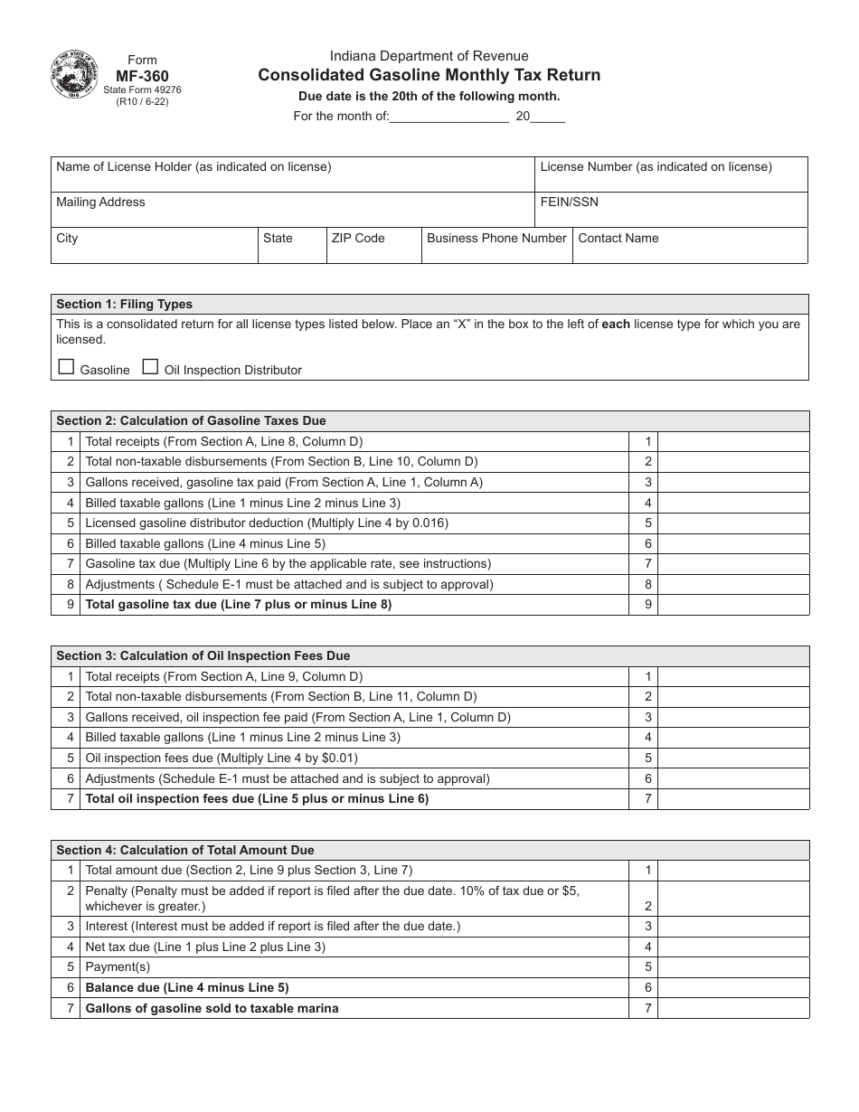 Form MF-360 (State Form 49276) Consolidated Gasoline Monthly Tax Return, Page 1
