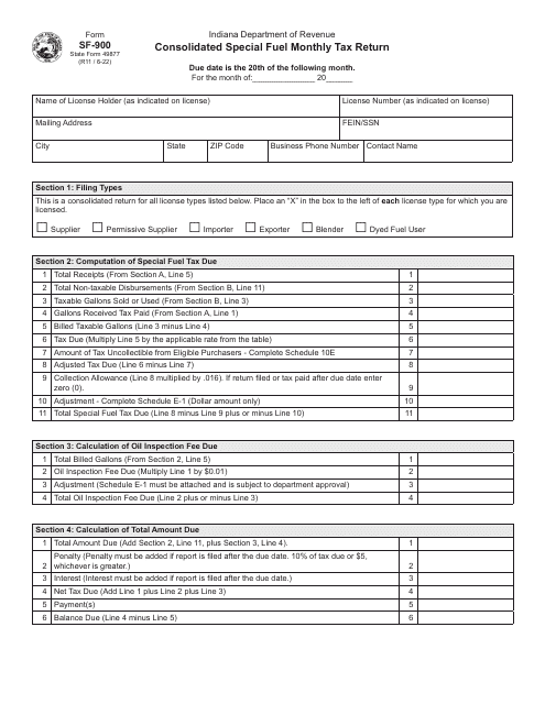 Form SF-900 (State Form 49877) Consolidated Special Fuel Monthly Tax Return - Indiana