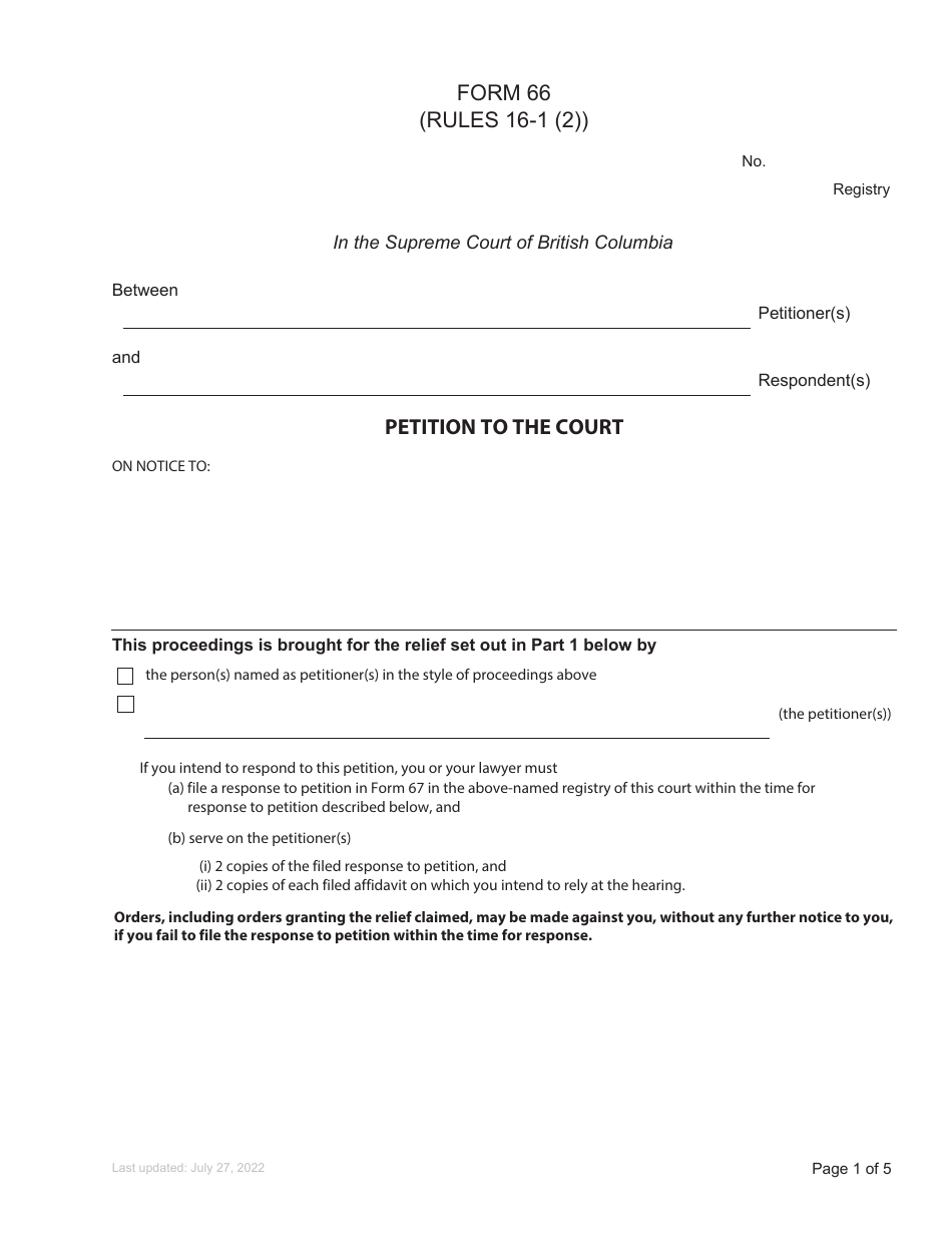 Form 66 Petition to the Court - British Columbia, Canada, Page 1