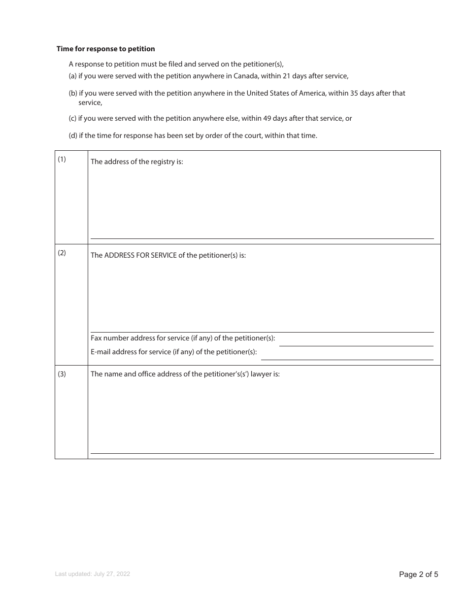 Form 66 Petition to the Court - British Columbia, Canada, Page 2