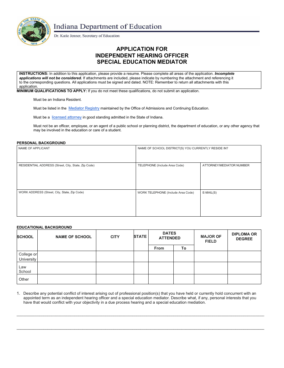 Application for Independent Hearing Officer Special Education Mediator - Indiana, Page 1