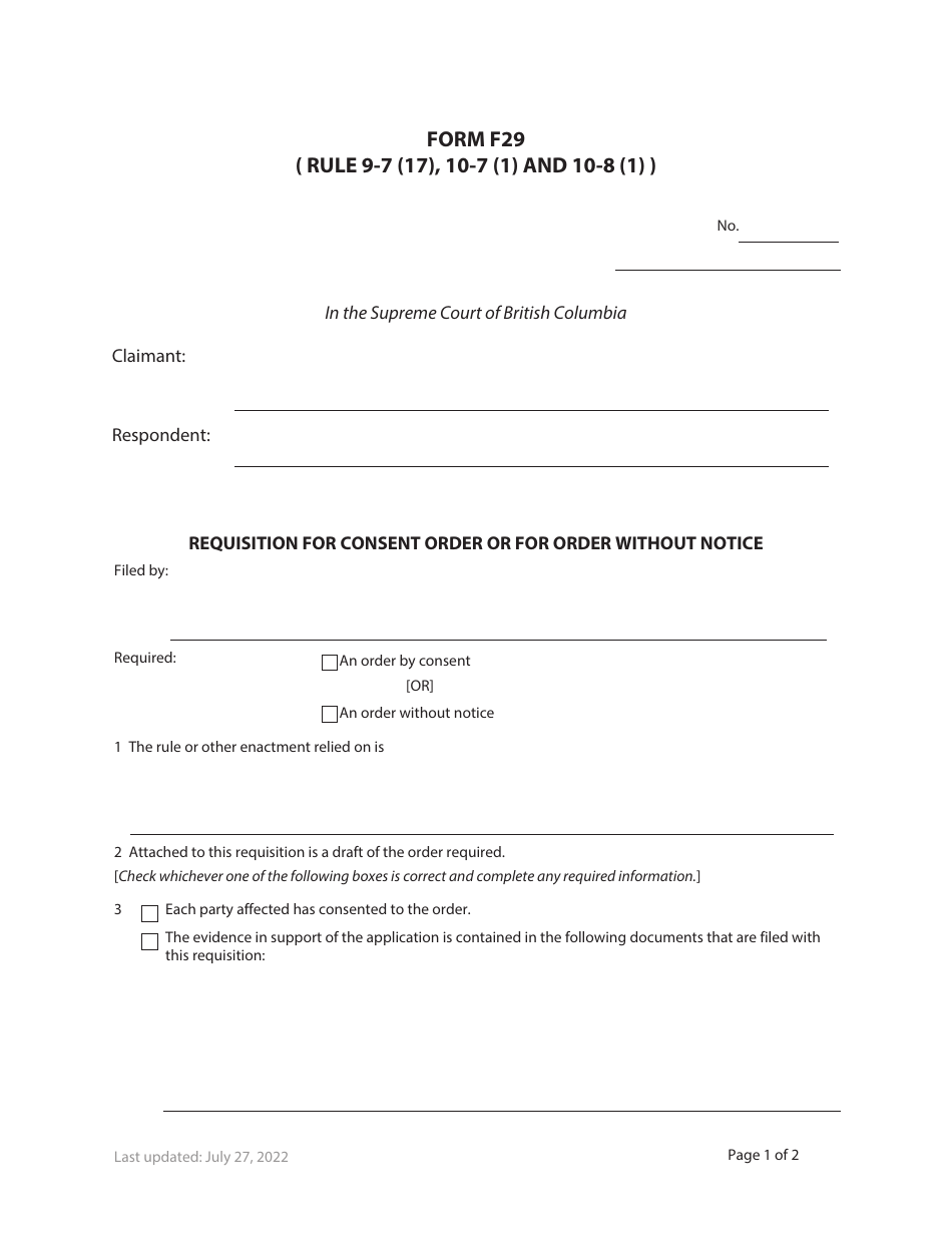 Form F29 Requisition for Consent Order or for Order Without Notice - British Columbia, Canada, Page 1