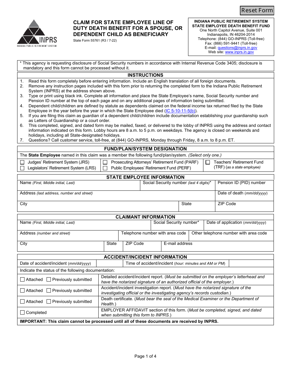 State Form 55761 Claim for State Employee Line of Duty Death Benefit for a Spouse, or Dependent Child as Beneficiary - Indiana, Page 1