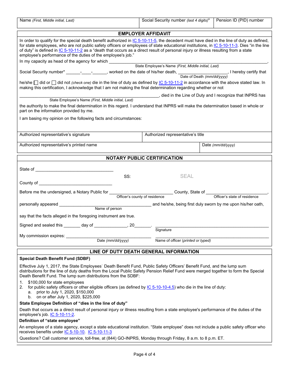State Form 55761 Claim for State Employee Line of Duty Death Benefit for a Spouse, or Dependent Child as Beneficiary - Indiana, Page 4